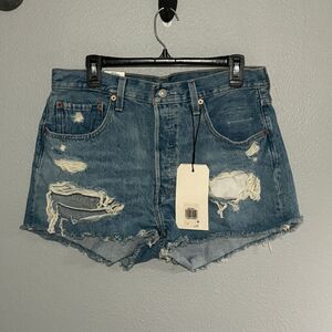 LEVI'S 501 ORIGINAL SIGNATURE BUTTON FLY HIGH RISE DISTRESSED DENIM CUTOFF SHORT